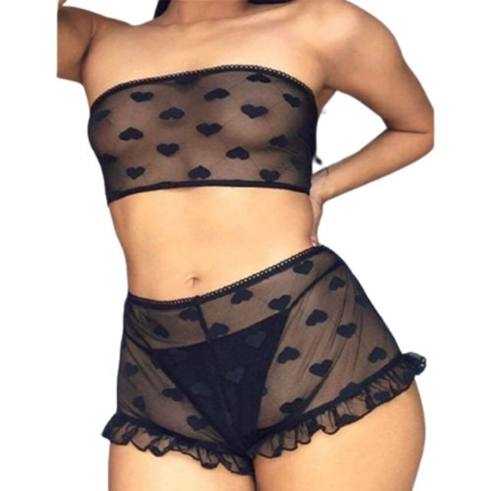 Perspective High Waist Black Lace Top & Short Set Fits Sizes 4-6 (XS-S) NWT